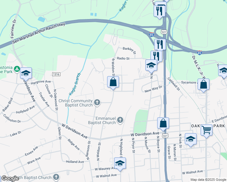 map of restaurants, bars, coffee shops, grocery stores, and more near 1401 North Weldon Street in Gastonia