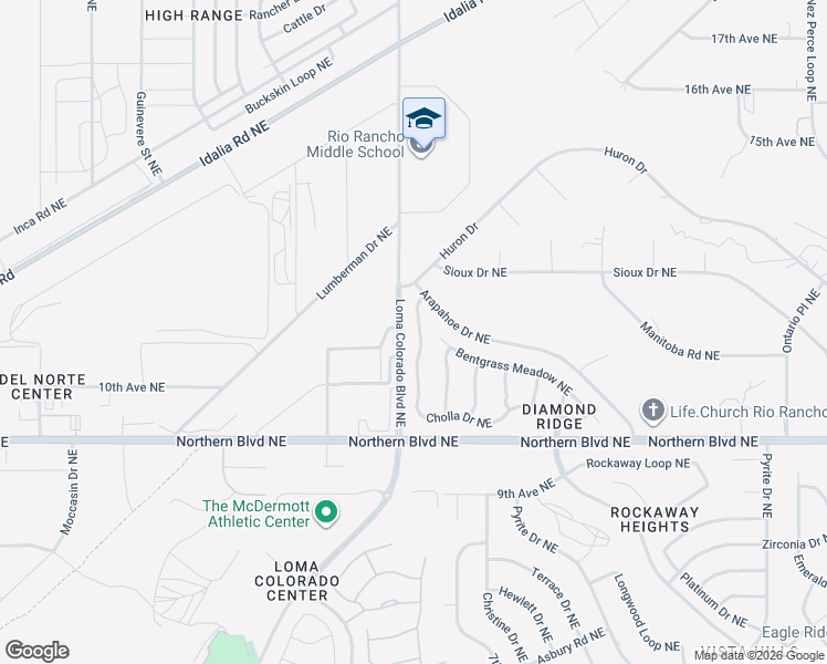 map of restaurants, bars, coffee shops, grocery stores, and more near 3900 Cholla Drive Northeast in Rio Rancho