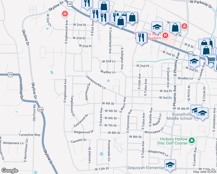 map of restaurants, bars, coffee shops, grocery stores, and more near 2812 Honeysuckle Lane in Russellville