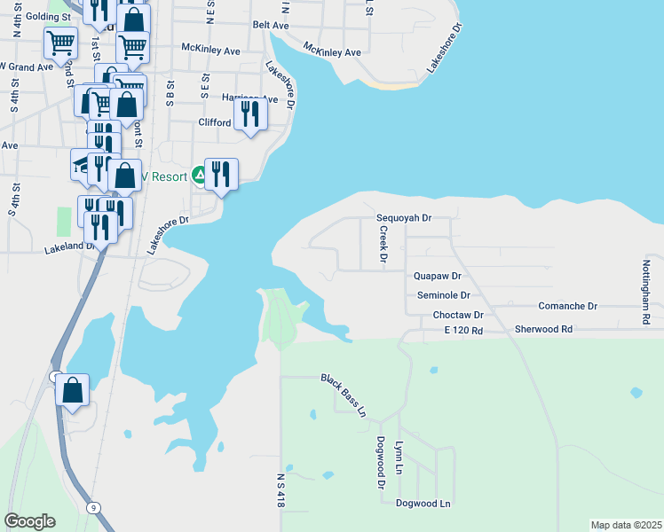 map of restaurants, bars, coffee shops, grocery stores, and more near 552 Mohawk Drive in Eufaula