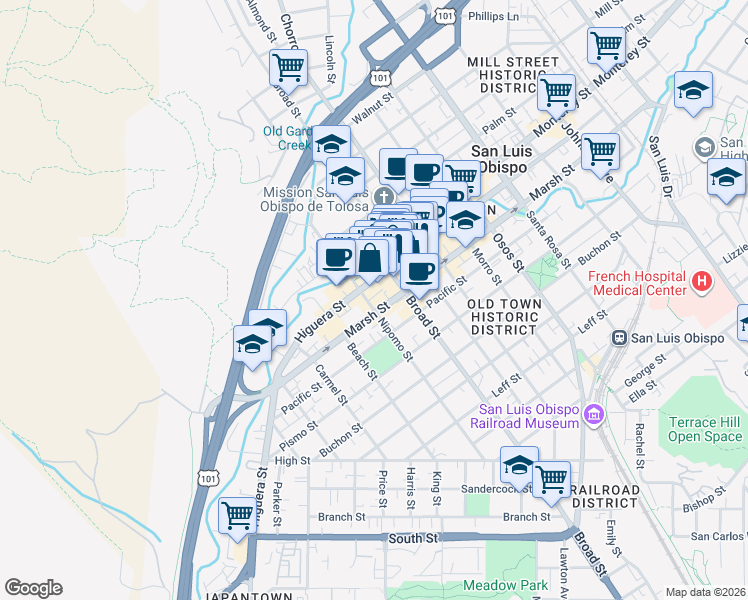 map of restaurants, bars, coffee shops, grocery stores, and more near 1124 Nipomo Street in San Luis Obispo
