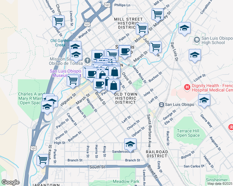 map of restaurants, bars, coffee shops, grocery stores, and more near 829 Pacific Street in San Luis Obispo