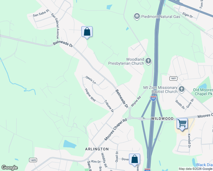 map of restaurants, bars, coffee shops, grocery stores, and more near 2861 Oasis Lane in Charlotte
