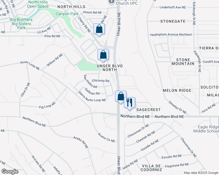 map of restaurants, bars, coffee shops, grocery stores, and more near 1909 San Pedro Road in Rio Rancho