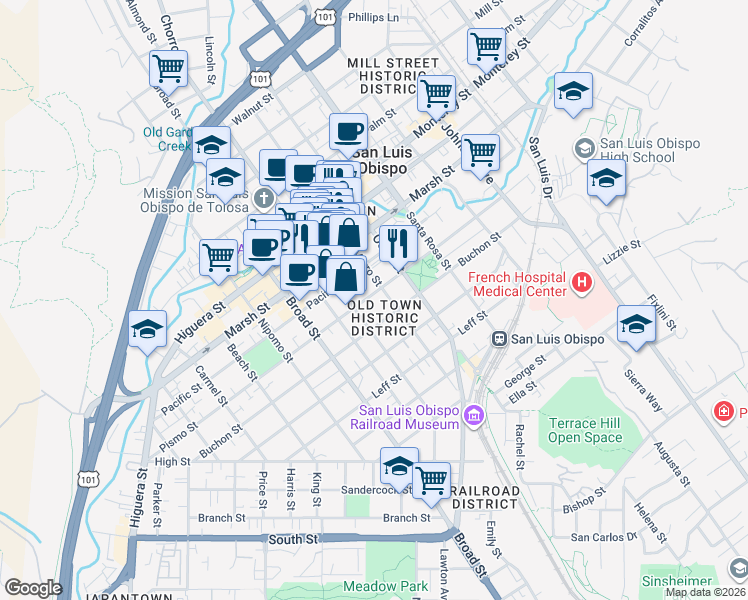 map of restaurants, bars, coffee shops, grocery stores, and more near 1415 Morro Street in San Luis Obispo
