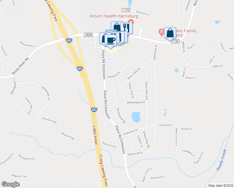 map of restaurants, bars, coffee shops, grocery stores, and more near 10009 Rockwood Road in Charlotte
