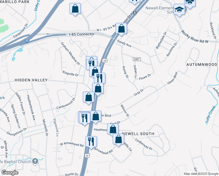 map of restaurants, bars, coffee shops, grocery stores, and more near 3000 Gloryland Avenue in Charlotte