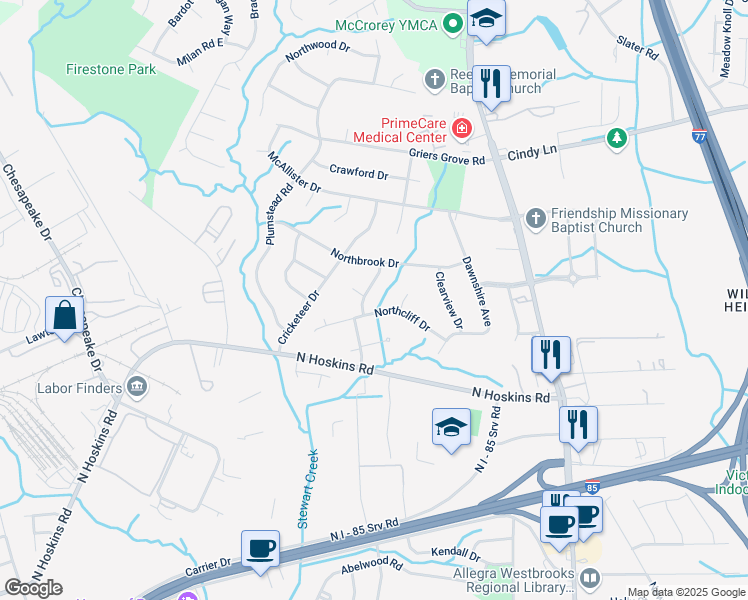 map of restaurants, bars, coffee shops, grocery stores, and more near 3224 Banbury Drive in Charlotte