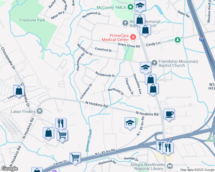 map of restaurants, bars, coffee shops, grocery stores, and more near 3224 Banbury Drive in Charlotte
