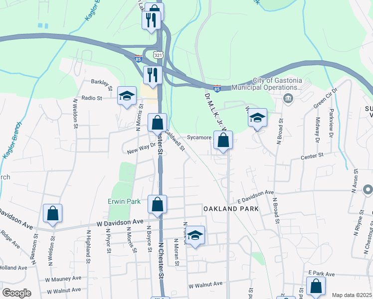 map of restaurants, bars, coffee shops, grocery stores, and more near 1422 Caldwell Street in Gastonia