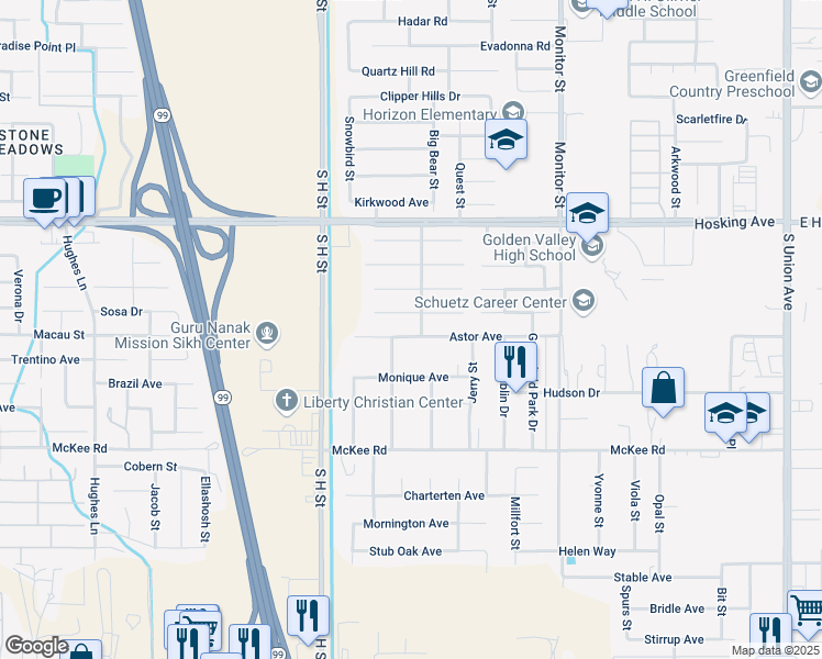 map of restaurants, bars, coffee shops, grocery stores, and more near 1102 Astor Avenue in Bakersfield