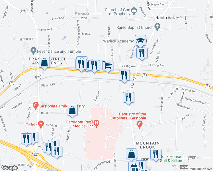 map of restaurants, bars, coffee shops, grocery stores, and more near 2780 X Ray Drive in Gastonia