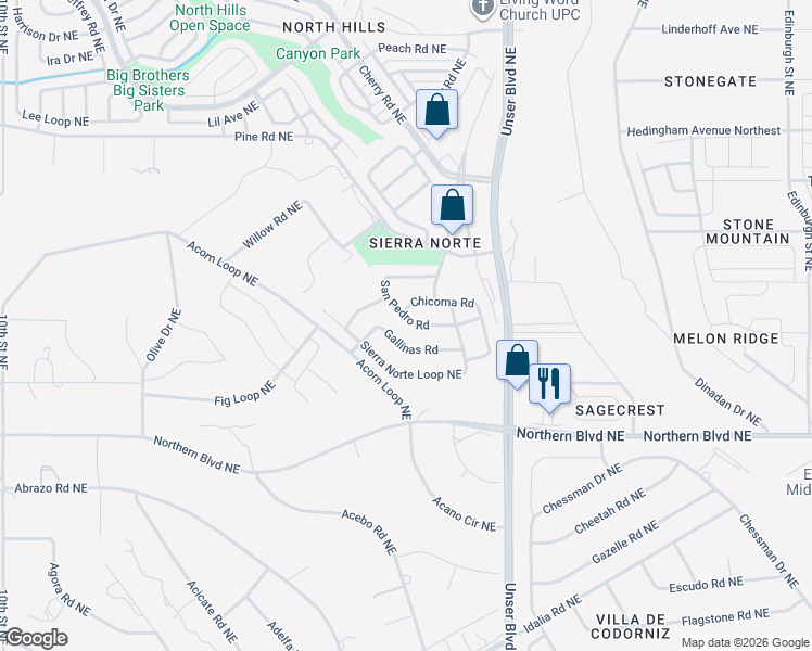 map of restaurants, bars, coffee shops, grocery stores, and more near 1713 San Pedro Road in Rio Rancho