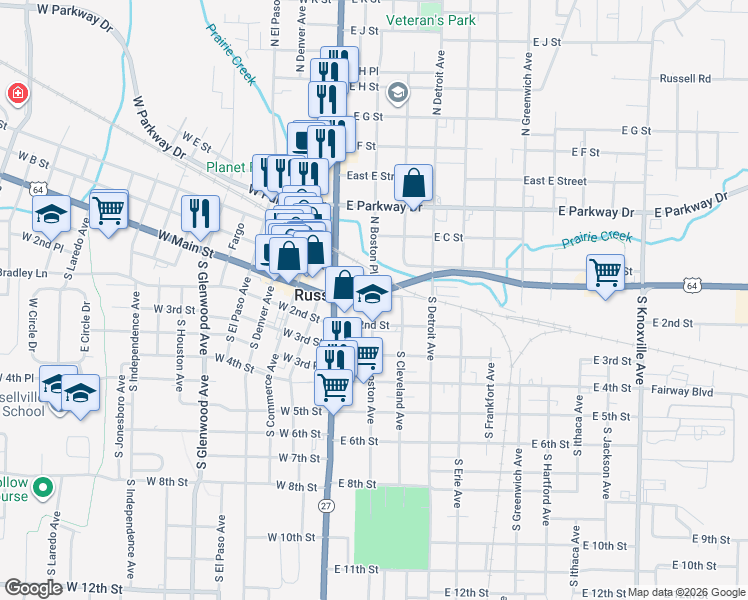 map of restaurants, bars, coffee shops, grocery stores, and more near 103 South Boston Avenue in Russellville