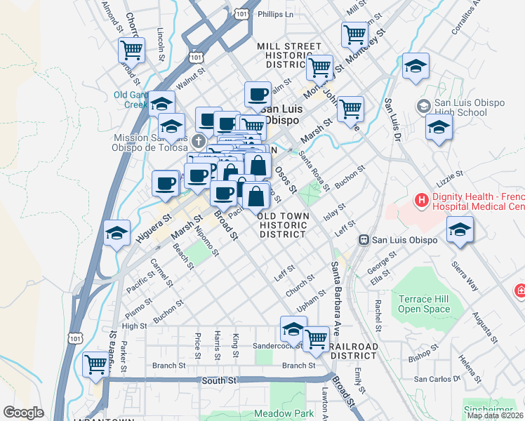 map of restaurants, bars, coffee shops, grocery stores, and more near 1334 Chorro Street in San Luis Obispo