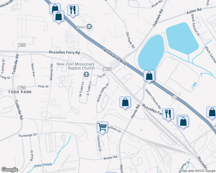 map of restaurants, bars, coffee shops, grocery stores, and more near 5530 Windy Valley Drive in Charlotte