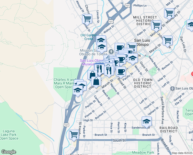 map of restaurants, bars, coffee shops, grocery stores, and more near 564 Higuera Street in San Luis Obispo