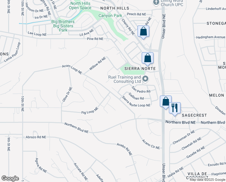 map of restaurants, bars, coffee shops, grocery stores, and more near 1512 Sierra Norte Loop in Rio Rancho