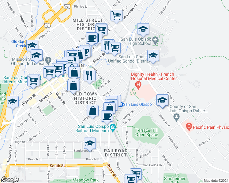 map of restaurants, bars, coffee shops, grocery stores, and more near 1130 Islay Street in San Luis Obispo