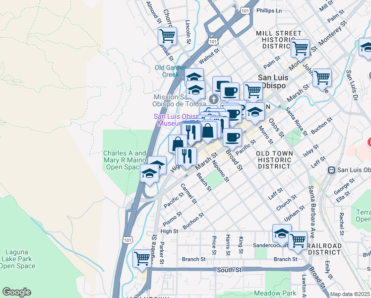map of restaurants, bars, coffee shops, grocery stores, and more near 547 Dana Street in San Luis Obispo