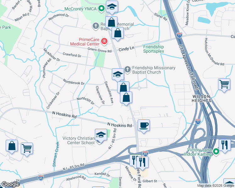 map of restaurants, bars, coffee shops, grocery stores, and more near 3145 Fairdale Drive in Charlotte