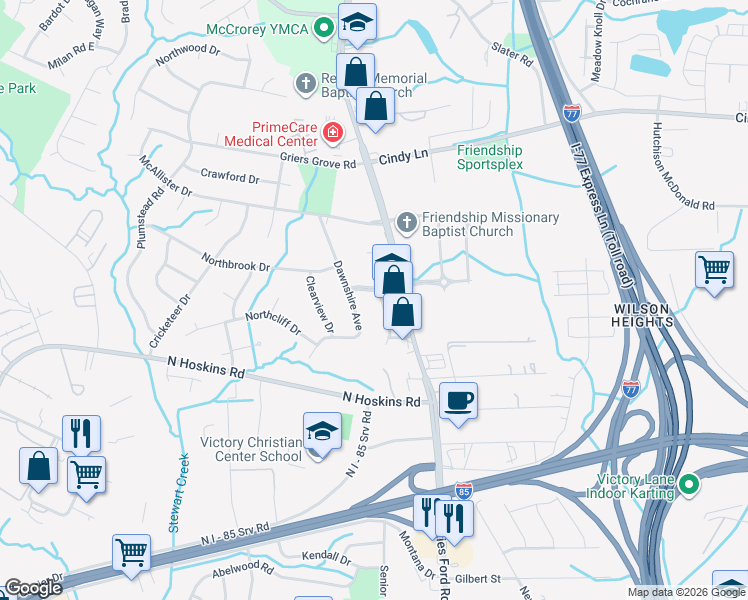 map of restaurants, bars, coffee shops, grocery stores, and more near 3145 Fairdale Drive in Charlotte
