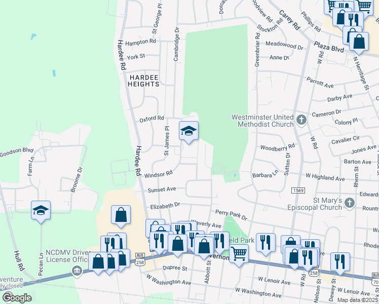 map of restaurants, bars, coffee shops, grocery stores, and more near 1701 Old Well Road in Kinston