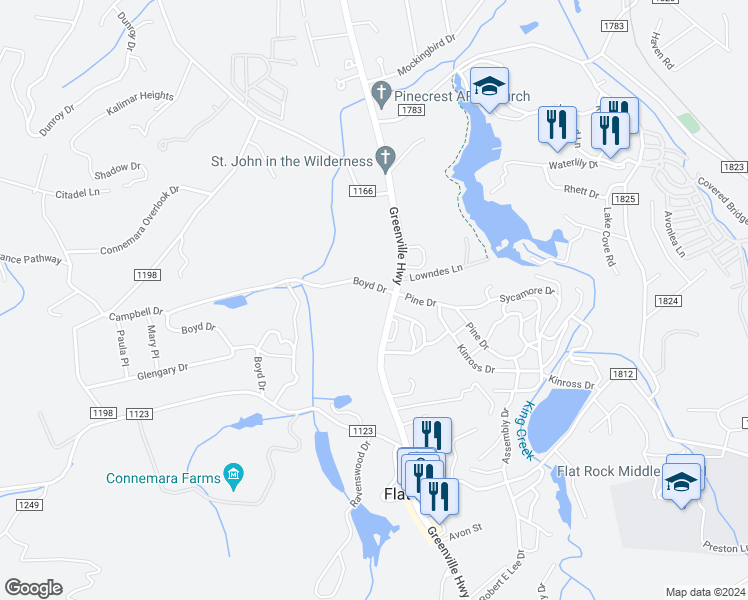 map of restaurants, bars, coffee shops, grocery stores, and more near 102 Boyd Drive in Flat Rock