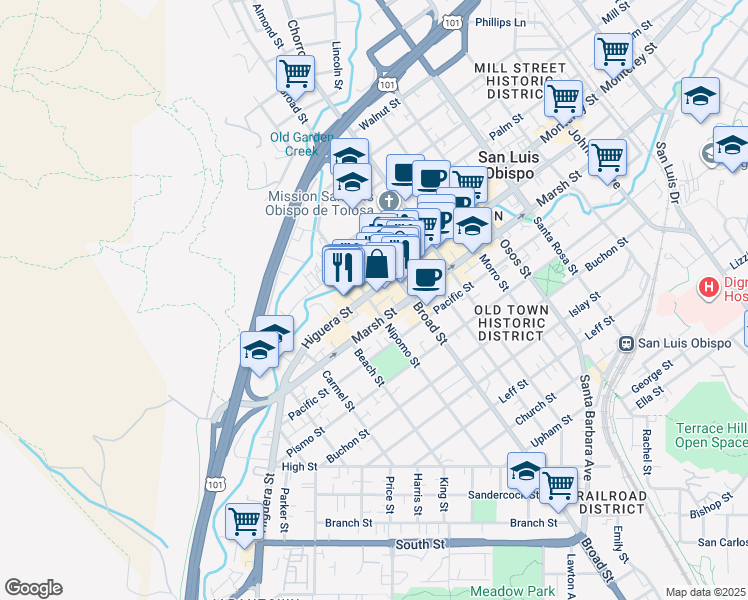 map of restaurants, bars, coffee shops, grocery stores, and more near 1051 Nipomo Street in San Luis Obispo