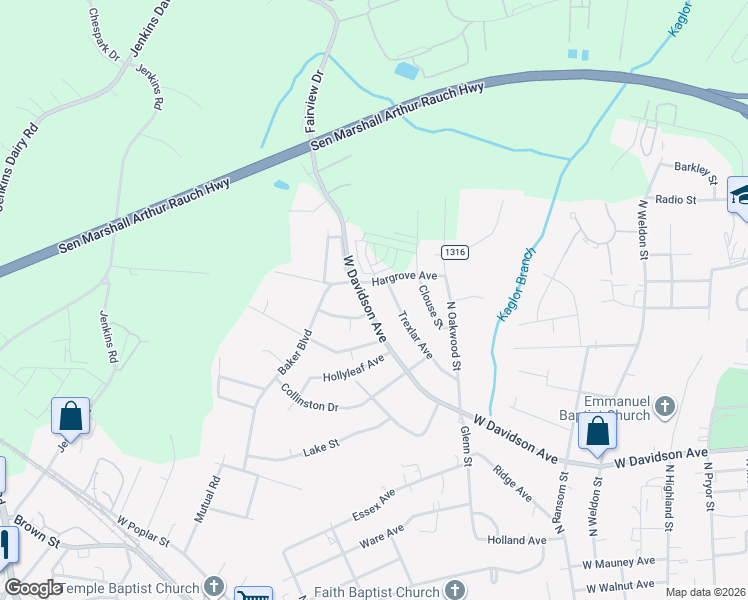 map of restaurants, bars, coffee shops, grocery stores, and more near 1804 West Davidson Avenue in Gastonia