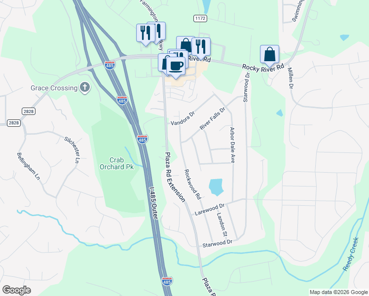 map of restaurants, bars, coffee shops, grocery stores, and more near 10005 Rockwood Road in Charlotte