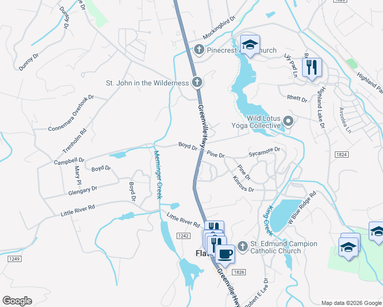 map of restaurants, bars, coffee shops, grocery stores, and more near 102 Boyd Drive in Flat Rock