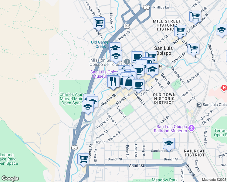 map of restaurants, bars, coffee shops, grocery stores, and more near 1051 Nipomo Street in San Luis Obispo