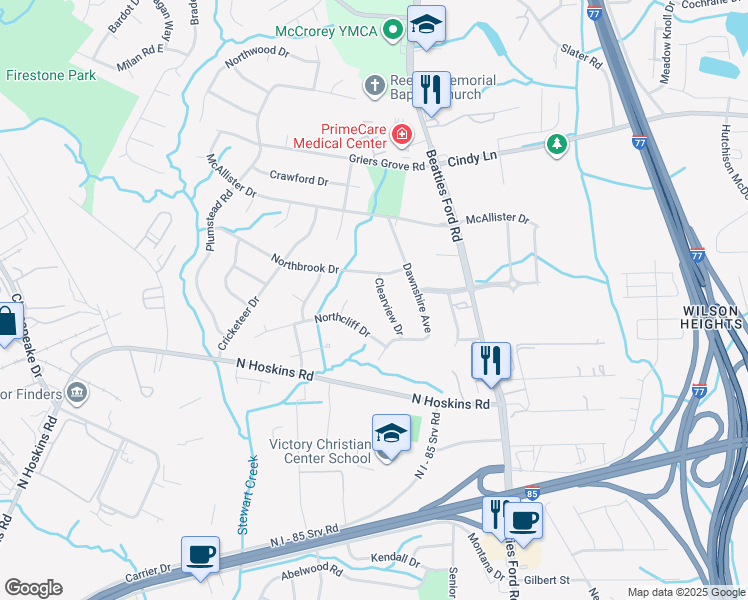 map of restaurants, bars, coffee shops, grocery stores, and more near 1836 Northbrook Drive in Charlotte