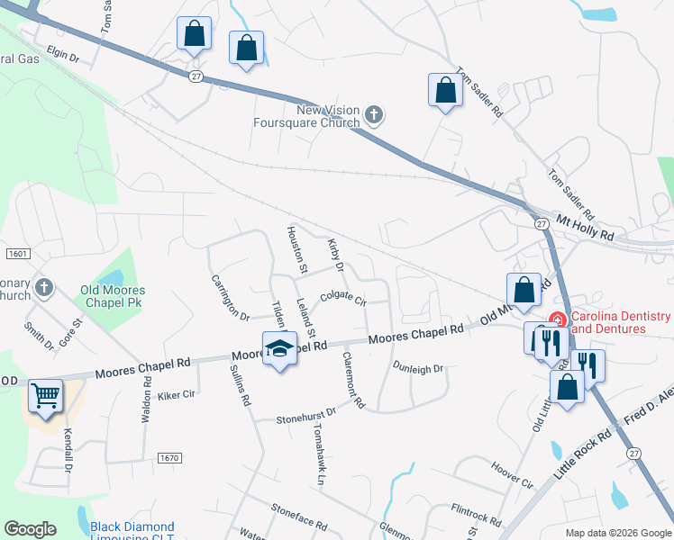 map of restaurants, bars, coffee shops, grocery stores, and more near 353 Kirby Drive in Charlotte