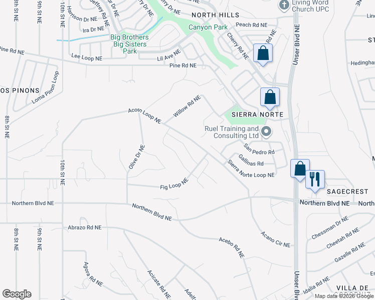 map of restaurants, bars, coffee shops, grocery stores, and more near 1500 Sierra Norte Court Northeast in Rio Rancho