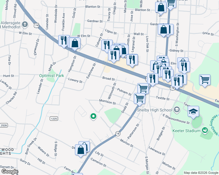 map of restaurants, bars, coffee shops, grocery stores, and more near 304 Putnam Street in Shelby
