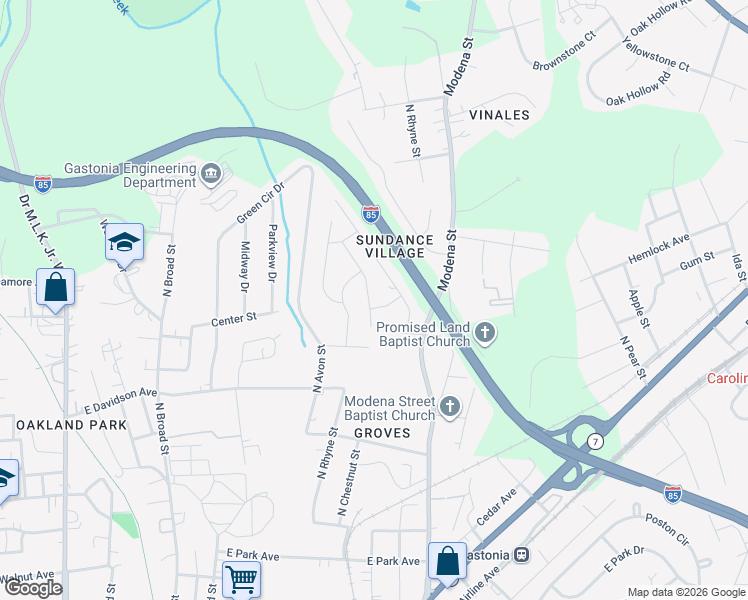 map of restaurants, bars, coffee shops, grocery stores, and more near 945 Sundance Drive in Gastonia