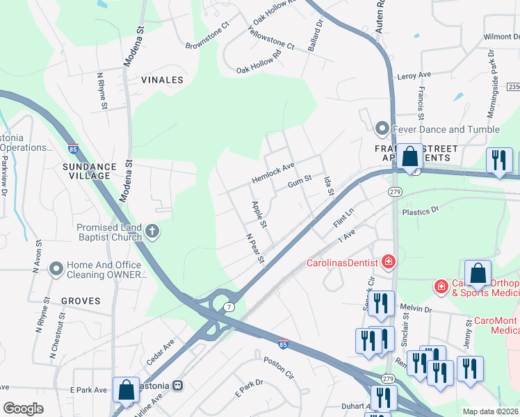 map of restaurants, bars, coffee shops, grocery stores, and more near 506 Apple Street in Gastonia