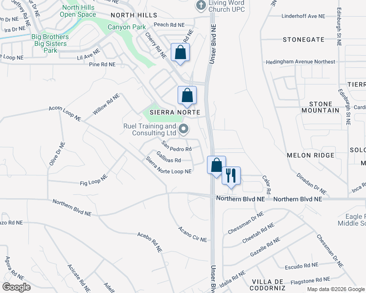 map of restaurants, bars, coffee shops, grocery stores, and more near 1824 San Pedro Road in Rio Rancho