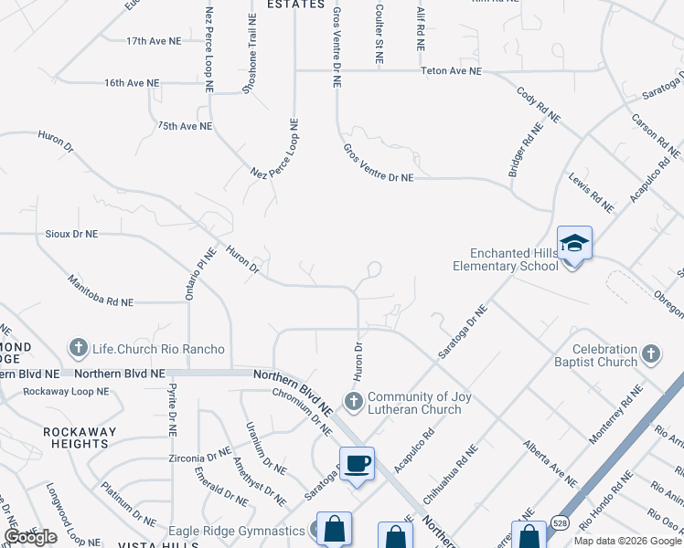 map of restaurants, bars, coffee shops, grocery stores, and more near 4725 Huron Drive in Rio Rancho