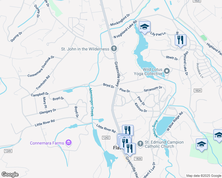 map of restaurants, bars, coffee shops, grocery stores, and more near 101 Boyd Drive in Flat Rock