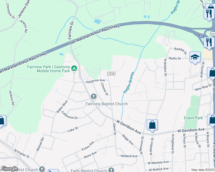 map of restaurants, bars, coffee shops, grocery stores, and more near 1123 North Oakwood Street in Gastonia