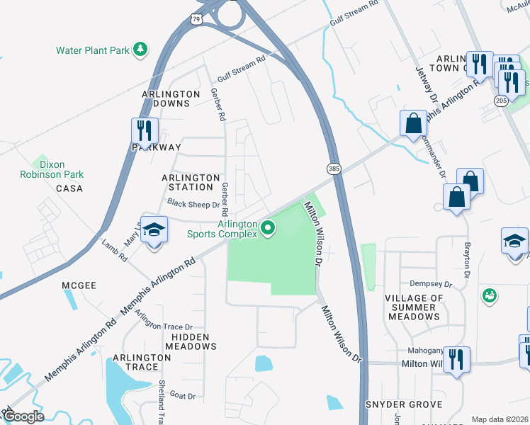 map of restaurants, bars, coffee shops, grocery stores, and more near 11336 Memphis Arlington Road in Arlington