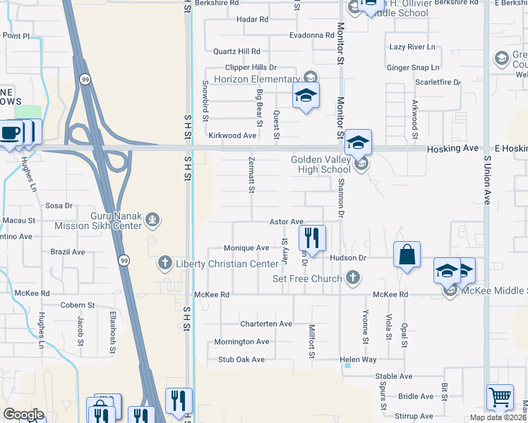 map of restaurants, bars, coffee shops, grocery stores, and more near 1214 Innsbruck Drive in Bakersfield