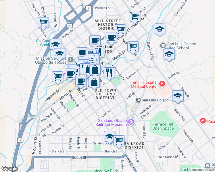map of restaurants, bars, coffee shops, grocery stores, and more near 1423 Osos Street in San Luis Obispo