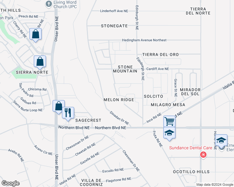 map of restaurants, bars, coffee shops, grocery stores, and more near Melon Road Northeast in Rio Rancho