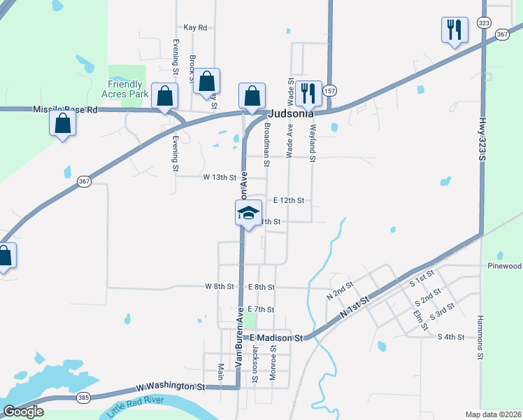 map of restaurants, bars, coffee shops, grocery stores, and more near 1113 Boardman Avenue in Judsonia