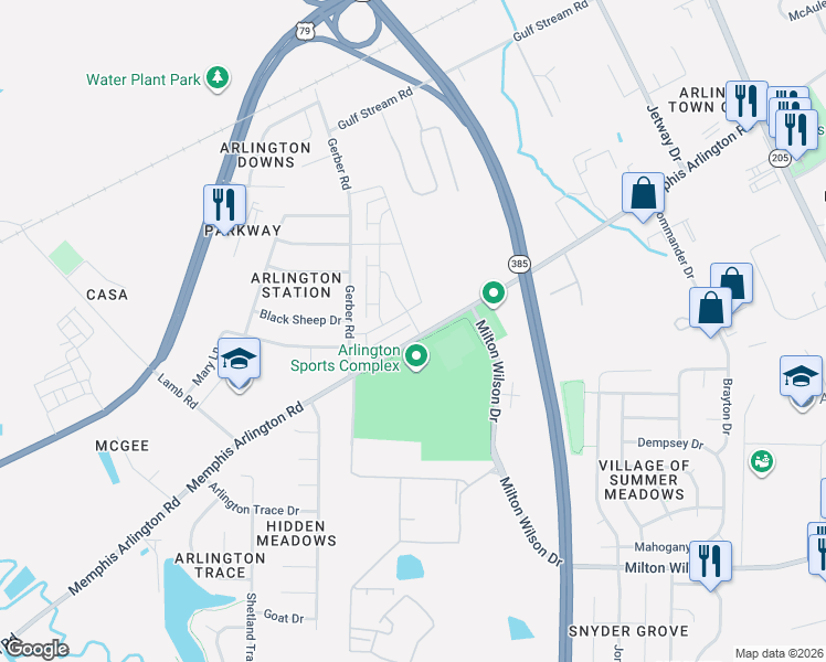 map of restaurants, bars, coffee shops, grocery stores, and more near 11293 Memphis Arlington Road in Arlington