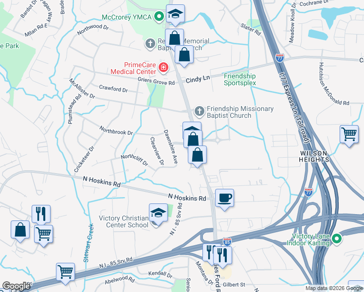 map of restaurants, bars, coffee shops, grocery stores, and more near 3145 Fairdale Drive in Charlotte